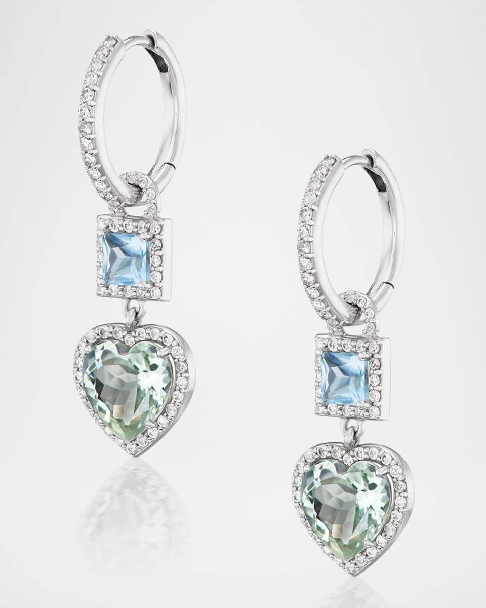 Aquamarine and Green Amethyst Drop Earrings with Diamonds